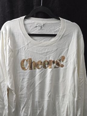 J. Crew Cream Teddie Sweater with Metallic 'Cheers!' Embroidery